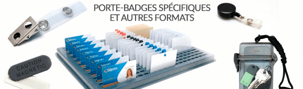 Achat de porte badge avec une barette aimanté, un zip enrouleur, une pince crocodile avec lanière renforcé, un porte badge clearbox étanche, un plateau de rangement 76 badges et plein d'autres..