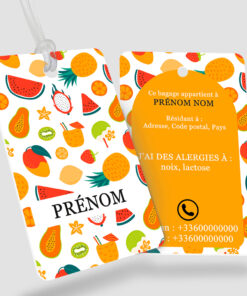 Étiquette bagage, sac et cartable enfant - Fruges orange - perforation ronde