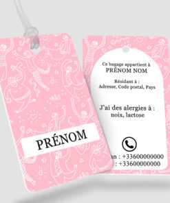 Étiquette bagage, sac et cartable enfant - Risum Rose - perforation ronde